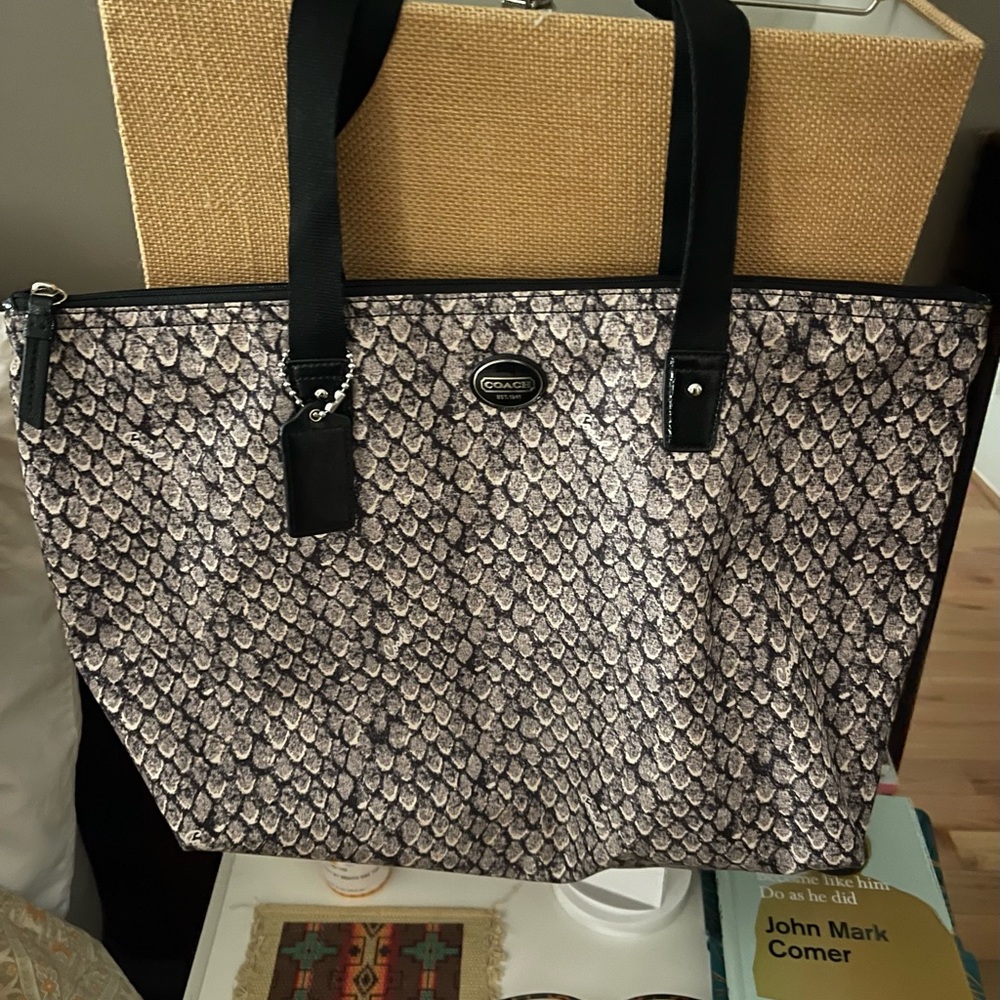 COACH Snake-Print Tote in Black and Gray